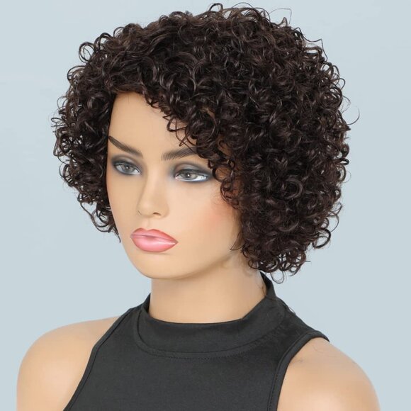 Short Curly Human Hair Wigs For Black Women Dark Brown Human Hair Curly Wigs Non - Picture 5 of 7